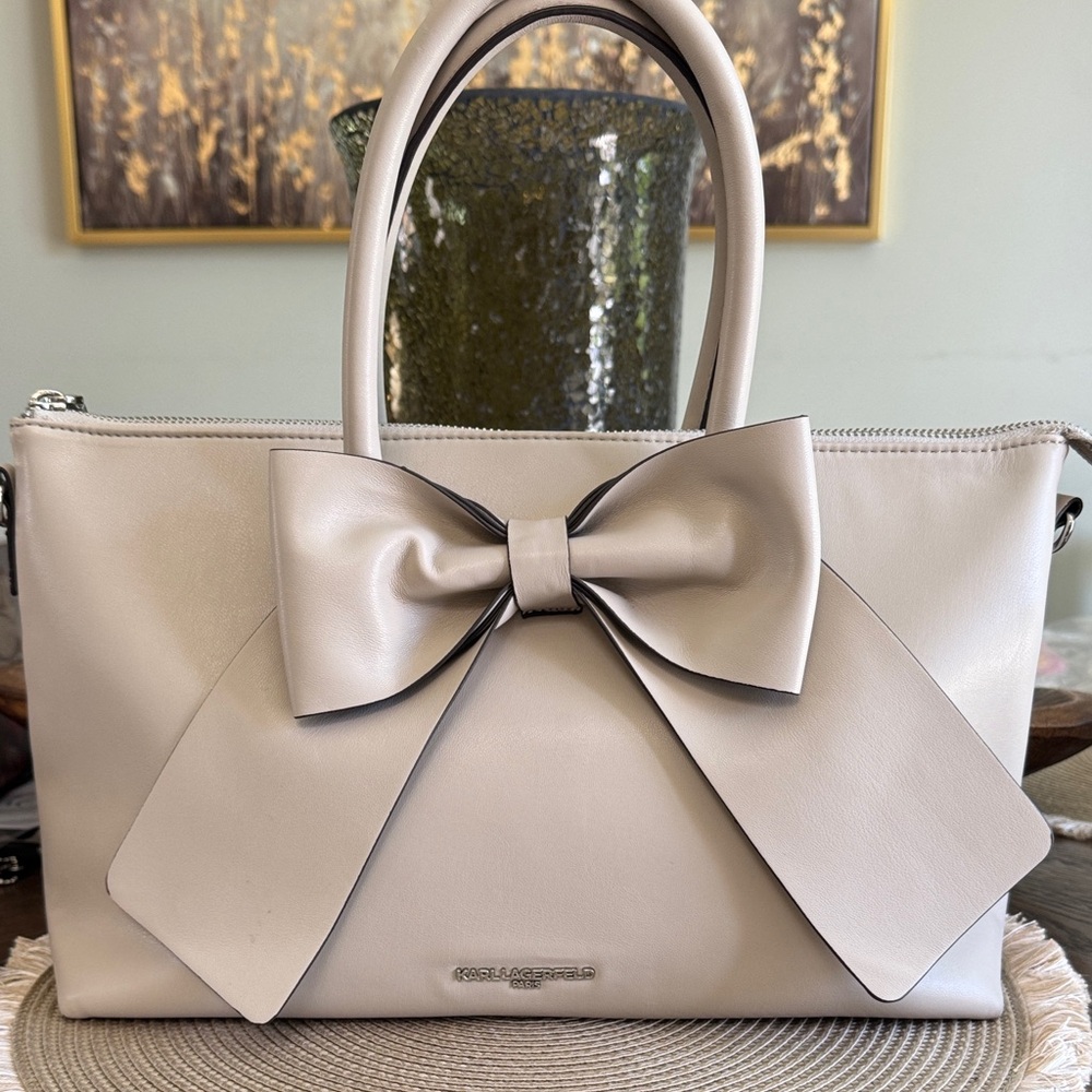 Karl Lagerfeld Taupe Bow-Front Satchel